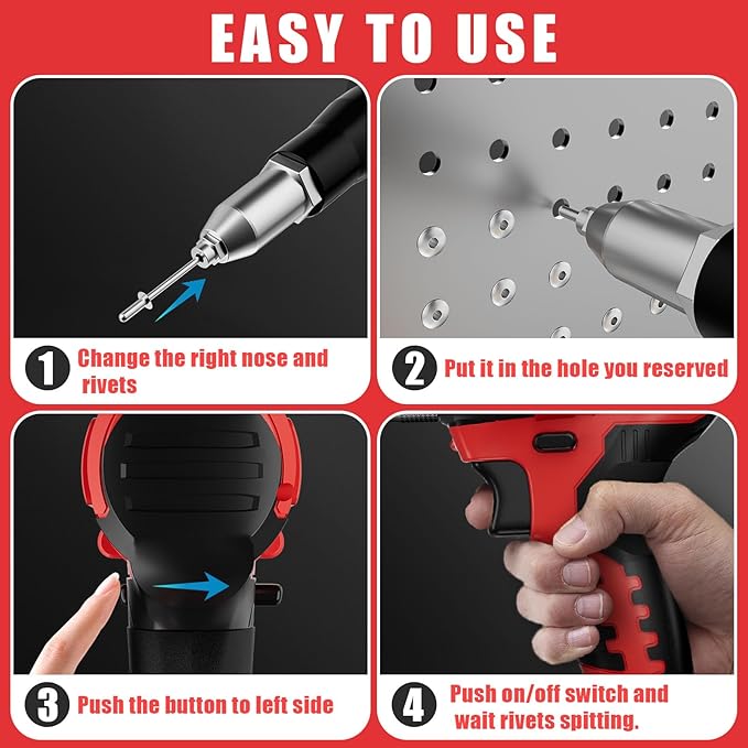 Rivet Gun Compatible with Milwaukee 18V Battery, Cordless Rivet Tool with 3 Size (1/8", 5/32", 3/16") Aluminum Rivets, Brushless Motor Rivet Gun Kit Nose Piece, Led Light, Tool Only