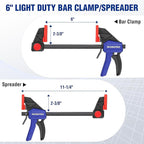 WORKPRO 6" Bar Clamps for Woodworking, One-Handed Clamp/Spreader, Light Duty Wood Clamps Set, Quick-Change F Clamps with 150LBS Load Limit, 4 Pack