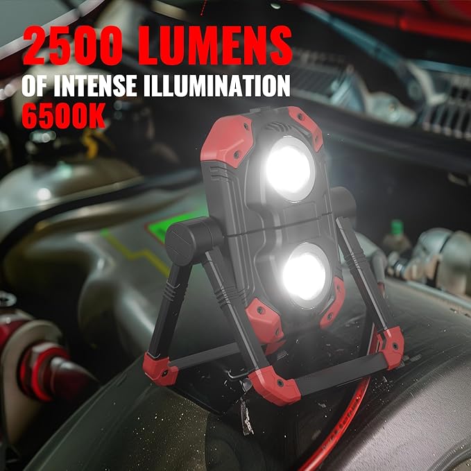 Adelante 2Pack Rechargeable LED Work Light with Magnetic Bases, 2500LM 6500K 12 Hours Long Lasting, Mobile Charger, 360°Rotating Stand Waterproof USB Portable Flood Light for Mechanics, Repairing