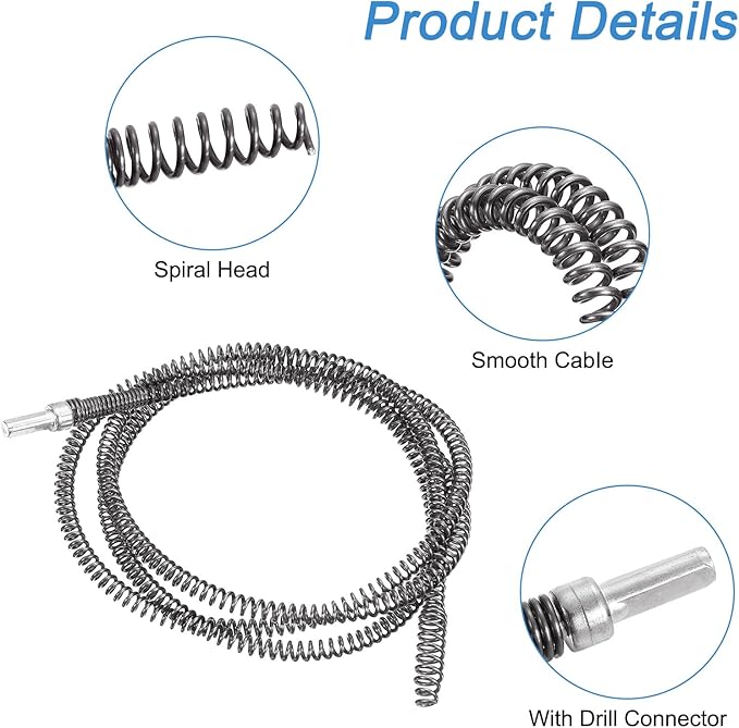 uxcell 6.56Ft Drain Auger Cable, Pipe Cleaning Spring Clog Remover, Flexible Plumbing Snake Pipe Drain Cleaner for Kitchen, Shower Sink