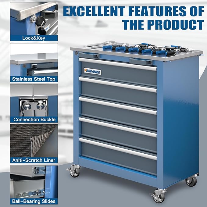 5-Drawer Rolling Tool Chest,Tool Chest on Wheels and Keyed Locking System,Tool Cabinet with Stainless Counter Top and Drawer Liners,Special Link Buckle for Connecting,for Home,Garage