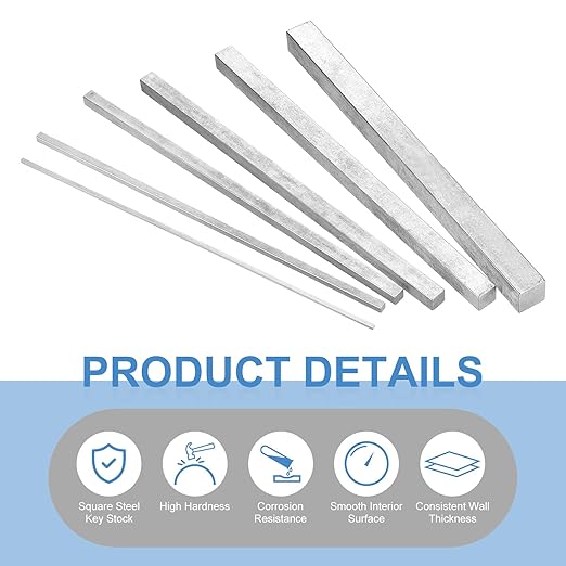 uxcell 6 Pcs Square Steel Key Stock, 3/16" x 3/16" x 12" Cold-Drawn 45# Steel Bars Precision Key Stock for Gearbox Coupling, Silver Tone