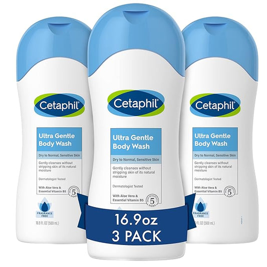 Cetaphil Ultra Gentle Refreshing Body Wash, For Dry To Normal, Sensitive Skin, Aloe Vera, Vitamin B5, Hypoallergenic, Dermatologist Tested, Fragrance Free, 16.9oz Pack of 3-VeraVaultWomen