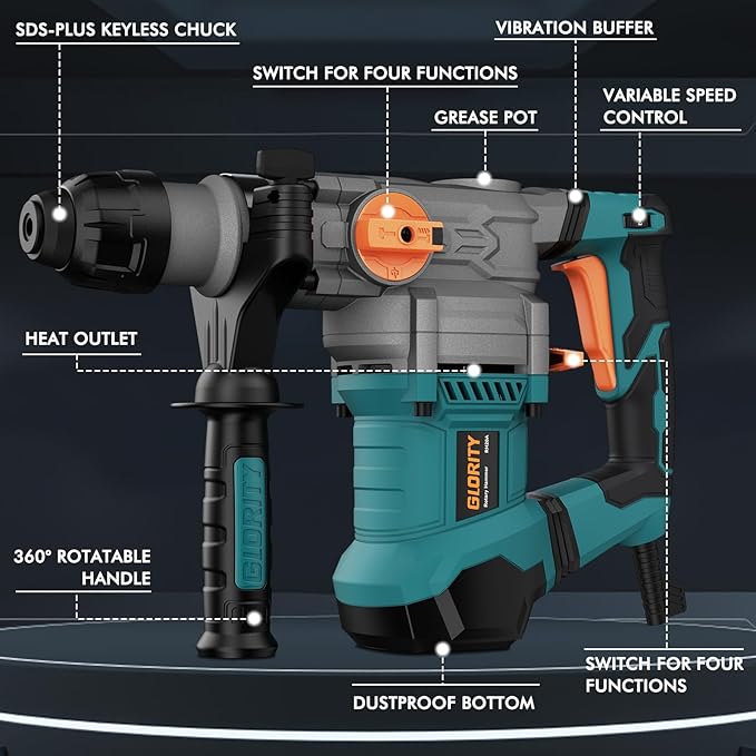 1-1/4 Inch SDS-Plus 13 Amp Heavy Duty Rotary Hammer Drill with Safety Clutch 4 Functions and Variable Speed, Including Chisels and Drill Bits