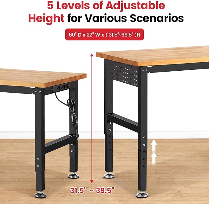 Work Bench for Garage Workbench Adjustable Height Work Table with Pegboard for Shop Woodworking, 60 x 22 Heavy Duty Rubber Wood Top for Office, Home, Commercial