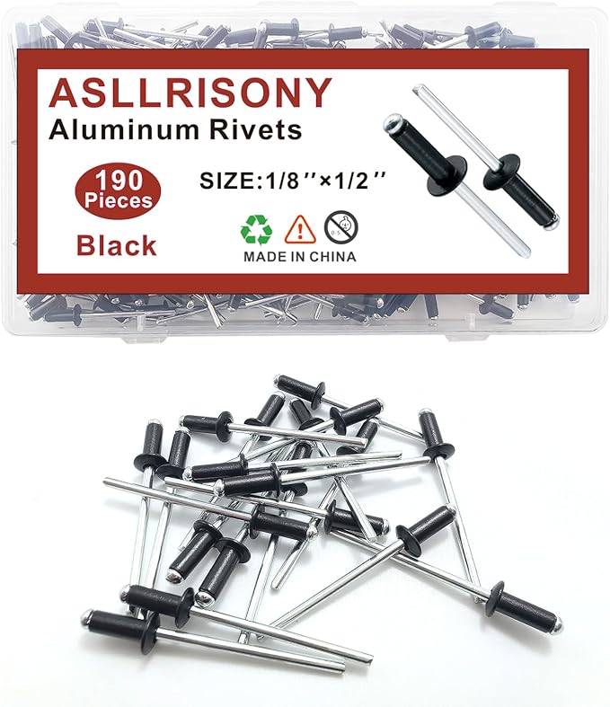 190pcs Black 1/8" x 1/2" Aluminum Blind Rivets, 3.2 x 12.7mm Pop Rivets,Aluminum Grip and Steel Mandrel