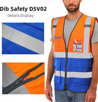 Dib Safety Reflective Vest High Visibility with Pockets and Zipper, Orange and Blue 3XL