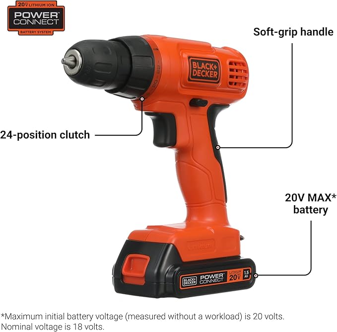 BLACK+DECKER 20V MAX* POWERCONNECT Cordless Drill Kit + 100 pc. Kit (BDC120VA100), Orange