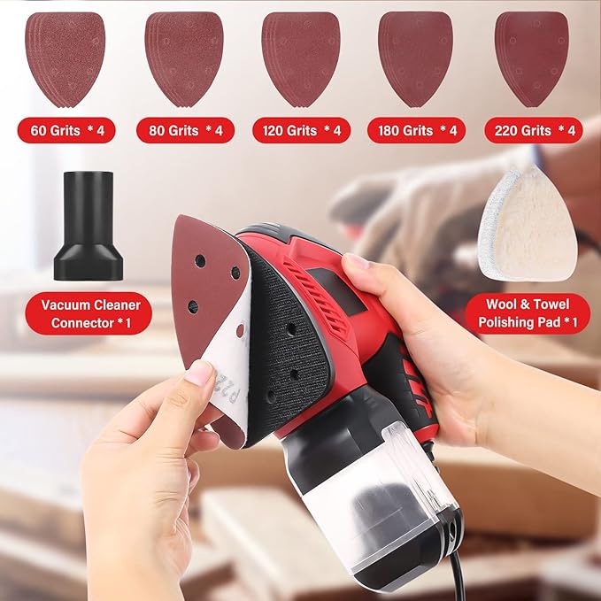 Sander, 200W Detail Sander has 2 Pcs Polishing Pads, 14000RPM, Compact Electric Sander with 20Pcs sandpaper, Hand Sanders with Efficient Dust Collection System for Woodworking, Sanding Works in Home