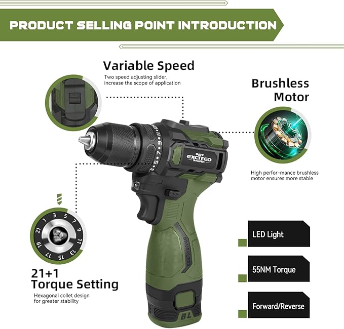 17V Brushless Power Drill Cordless, 55Nm Electric Drill Set with 2 1500mAh Batteries, 2 Variable Speed, 20+1 Torque Setting and LED Work Light