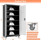 Aobabo Garage Metal Storage Cabinet with Wheels, 71" H×34" W×18" D Locking Steel Storage Cabinet with 5 Shelves and 4 Hooks, for Home Office, School, Assembly Required, Black Silver