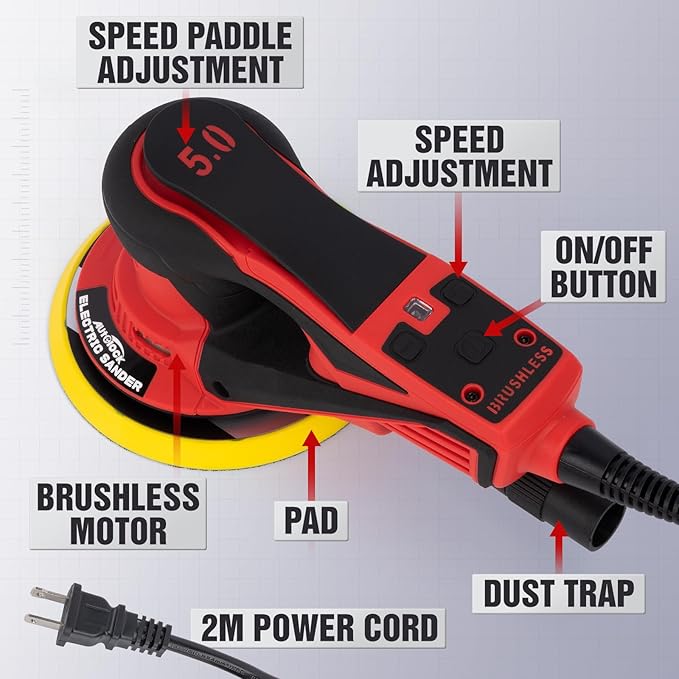 Autolock Electric Random Orbital Sander, 350W Brushless Motor with 5 & 6 Inch Pads, 10000RPM Palm Sander for Woodworking, Sanding and Polishing (Red)