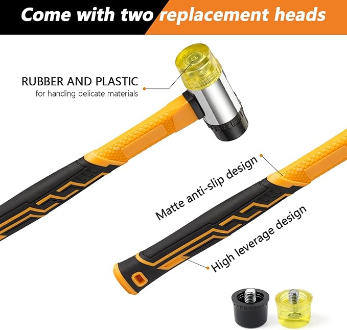 Hammer Set 4-Piece with Fiberglass Handle,1LB Dead Blow Hammer,16oz White Rubber Mallet,35mm Double-Faced Soft Mallet,16oz Claw Hammer for Flooring,Woodworking, Camping, Crafts