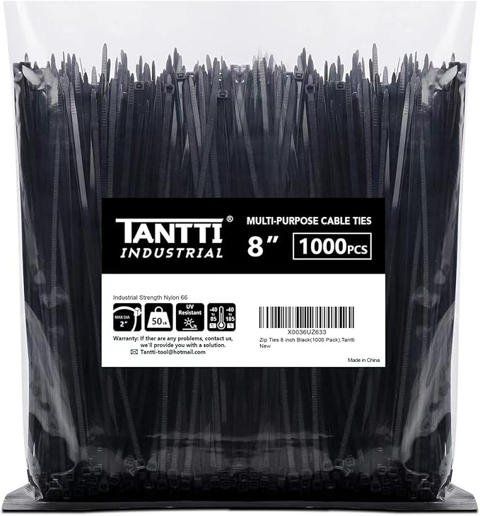 Zip Ties 8 inch Black Zip Ties 1000 Pack, Wire Ties with 50lb Tensile Strength, UV Resistant Cable Ties, Self-locking Plastic Ties for Indoor and Outdoor Use, by Tantti.