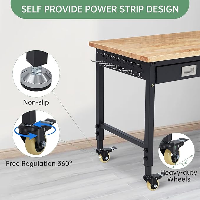 48'' Adjustable Workbench, Heavy Duty Workbench with Drawer, Power Outlet and Lockable Wheels, 2000 LBS Capacity, Work Table Suitable for Office, Garage, Workshop