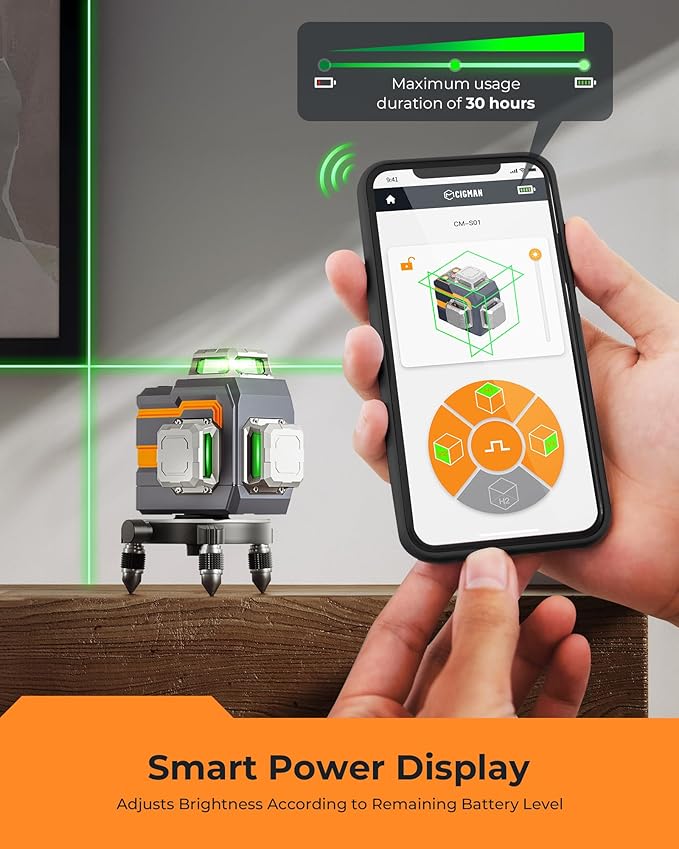 3x360° Laser Level with Remote&APP Control, CIGMAN Green Self Leveling Cross Line Laser for Construction and Picture Hanging, 3D Vertical/Horizontal Line, Magnetic Rotating Stand Included, CM-S01