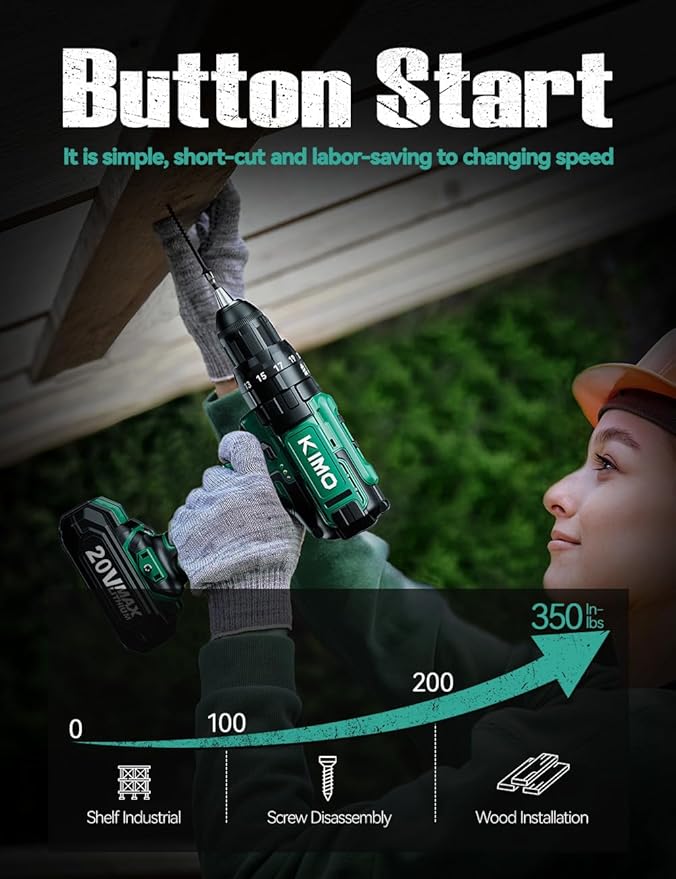 KIMO Hammer Drill - 20V 2X Battery Hammer Drill Cordless Drill Set, 350 In-lb Torque, 3/8" Keyless Chuck, 1350 RPM, 21+3 Position,14pcs Drill/Driver Bits, Power Drill Drivers for Concrete Brick Wall