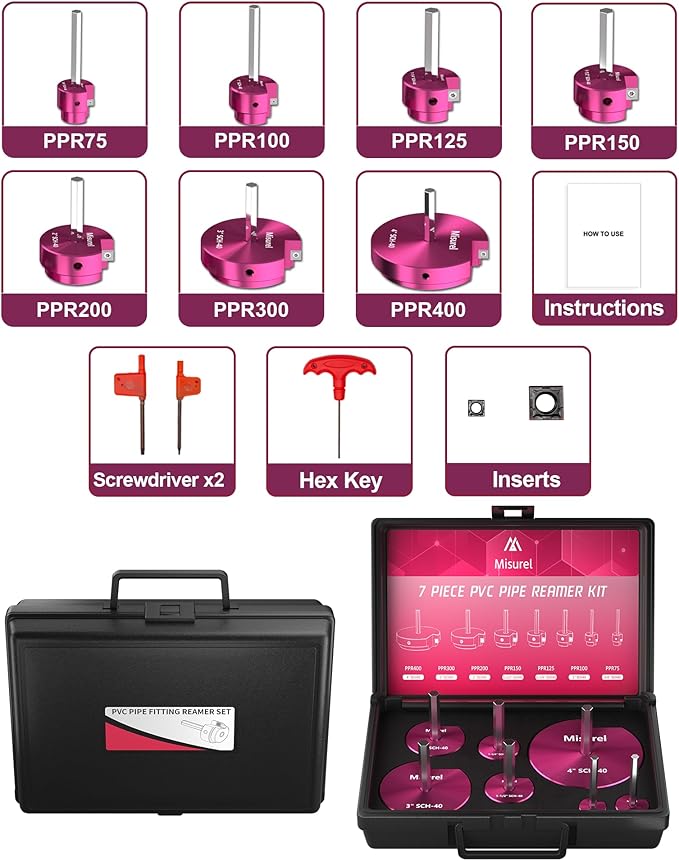 7 Pcs PVC Pipe Reamer Kit With 3/4 inch, 1 inch, 1-1/4inch,1-1/2inch, 2inch, 3inch, 4inch, 2 Carbide Inserts, Aluminum PVC Fitting Saver, Plumbing tools for SCH40