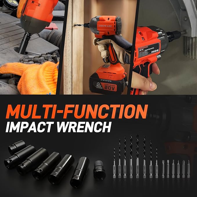 COMOWARE 20V Brushless Impact Wrench, 650N.m (480 ft-lbs) Power Cordless Impact Gun with 4.0Ah Battery & Fast Charger, 1/2" Compact Design, 3-Speed Control (0-3000 RPM), LED Light, 6Pcs Sockets
