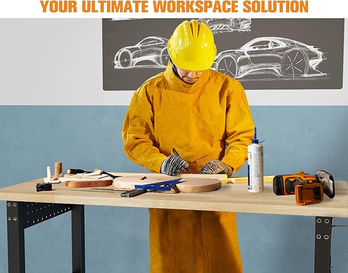 SPECRAFT 84“ Adjustable Heavy Duty Workbench with 4 AC Outlet and 2 USB Ports Power Outlets, 5000 Lbs Capacity, Rubber Wood Top for Garage, Workshop, Office