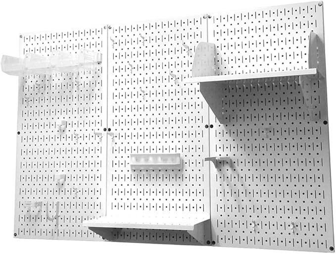 Wall Control Pegboard Organizer 4 ft. Metal Pegboard Standard Tool Storage Kit & Pegboard Paper Towel Holder and Dowel Rod Pegboard Shelf Assembly for Pegboard and Slotted Tool Board – White
