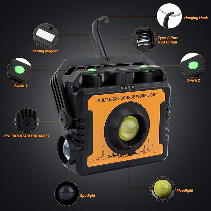 AdamStar Work Light, Magnetic LED Rechargeable Light with 7 Modes & 270°Rotatable, 1500LM Waterproof COB Portable Light with Hook for Emergency Car Repair, Grill, Outdoor Work, Camping (1 Pack)