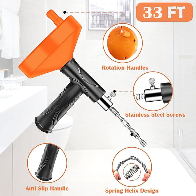 33 Feet Drain Snake Auger, Plumbing Snake Drain Hair Clog Removal Tool, Sink Unclogger Drain, Heavy Duty Toilet Snake Auger, Cleaner Tool for Bathroom Kitchen Tub Shower Drain Clog Remover with Gloves
