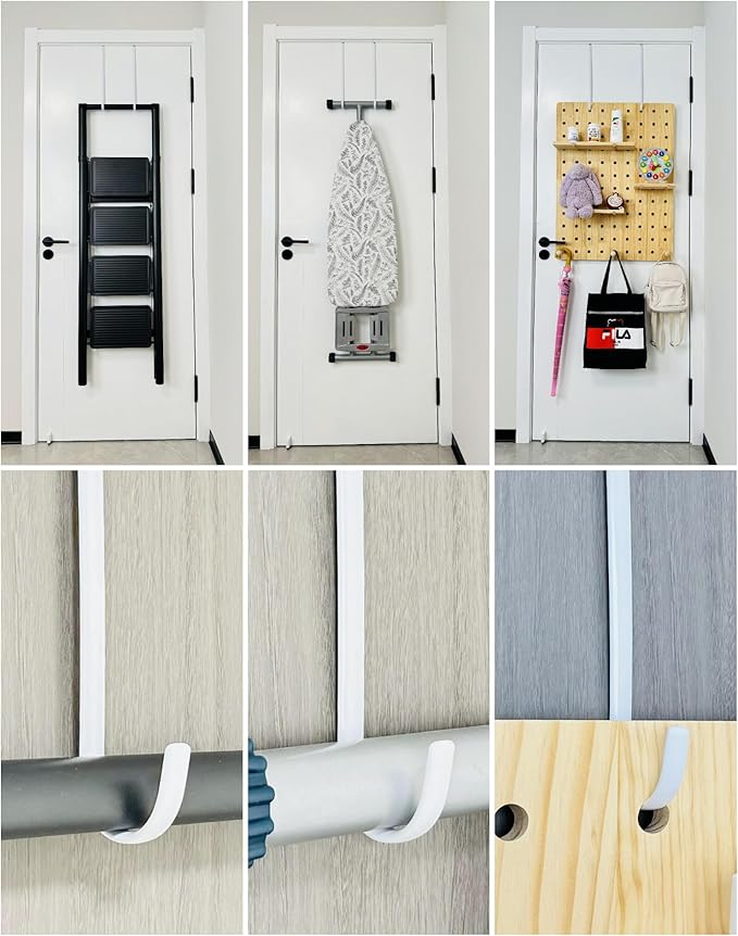 Over The Door Metal Hooks with Plastic Coating 14.2" Fit 0.5" to 1 3/8" Door 4 Pcs Heavy Duty Single Towel Robe Rack Wreath Bathroom Shower Hanger Shoe Organizer Ironing Board Long White