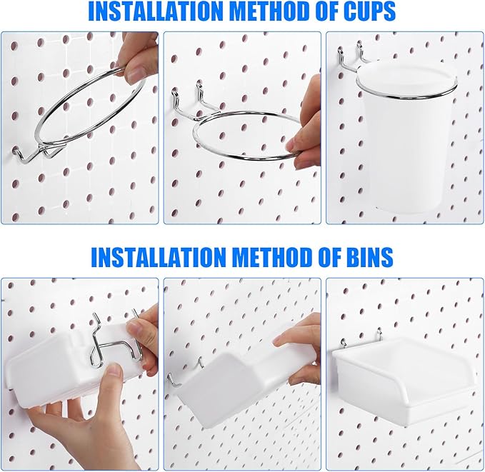 64 Pieces Pegboard Bins Pegboard Cups with Hooks and Loops Peg Hooks Assortment Organizer Accessory for Organizing Accessories Tools Storage Office Workshop Garage Workbench (White)