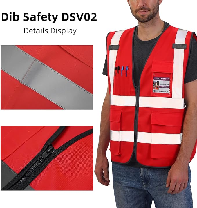 Dib Safety Reflective Vest High Visibility with Pockets and Zipper, Red 3XL