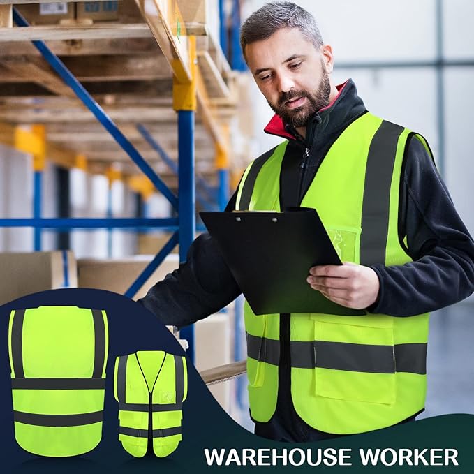 15 Pack Reflective Safety Vests with Pockets and Zipper Construction Work High Visibility Vest for Men Women(Large,Fluorescent Green)