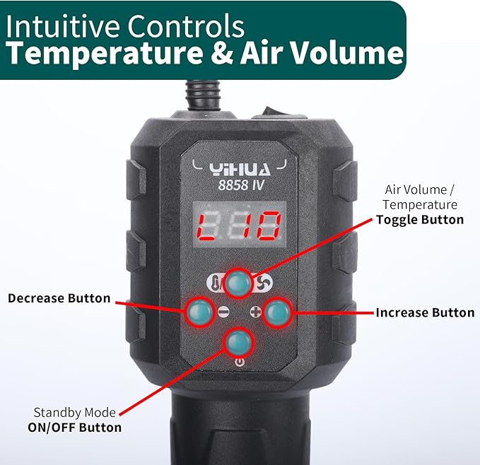 YIHUA 8858 IV Multi-Purpose Heat Gun for Crafting, Electronics Soldering, DIY, Shrink Tubing and Wrap, Torch Marker and Paste, Epoxy Resin with Temperature and Air Volume Control Function, 3 Nozzles