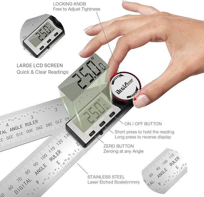 Digital Angle Finder Protractor, DEGLASERS Digital Protractor 7inch/200mm Stainless Steel Angle Measuring Tool with LCD Display for Carpenter/Woodworking (Battery Included)