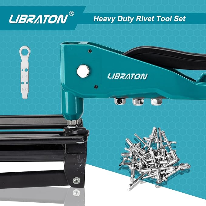 Libraton Heavy Duty Rivet Gun, Pop Rivet Gun Set, Professional Hand Riveter, Manual Riveting Tool with 110Pcs Rivets and 4 Interchangeable Heads, for Metal, Wood and Plastic