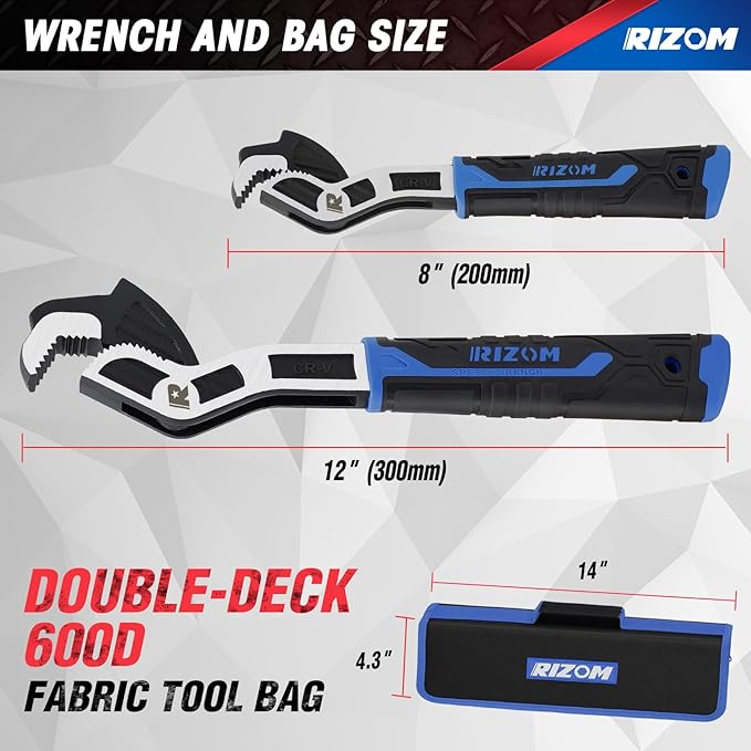 Rizom Self Adjusting Wrench, 8” and 12” Pipe Wrench, 2-Piece Self Adjustable Wrench Set with 3/8 to 1-3/4 inch Jaw Open