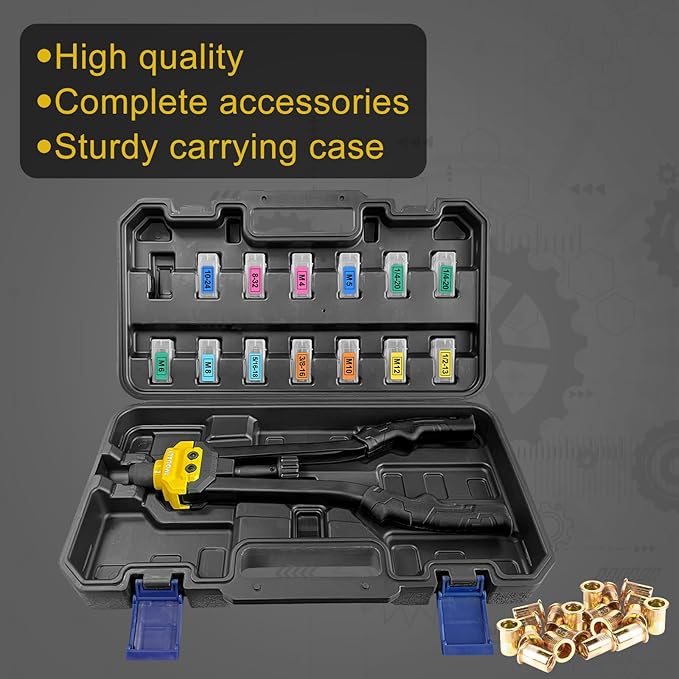 Rivet Nut Tool Rivet Nut Kit, 16" Rivnut Tool Kit with 13 Metric & SAE Mandrels Rivet Nut Assortment Kit with 130 Rivet Nuts, Hand Riveters Nutsert Tool Kit with Durable Blow Molded Case