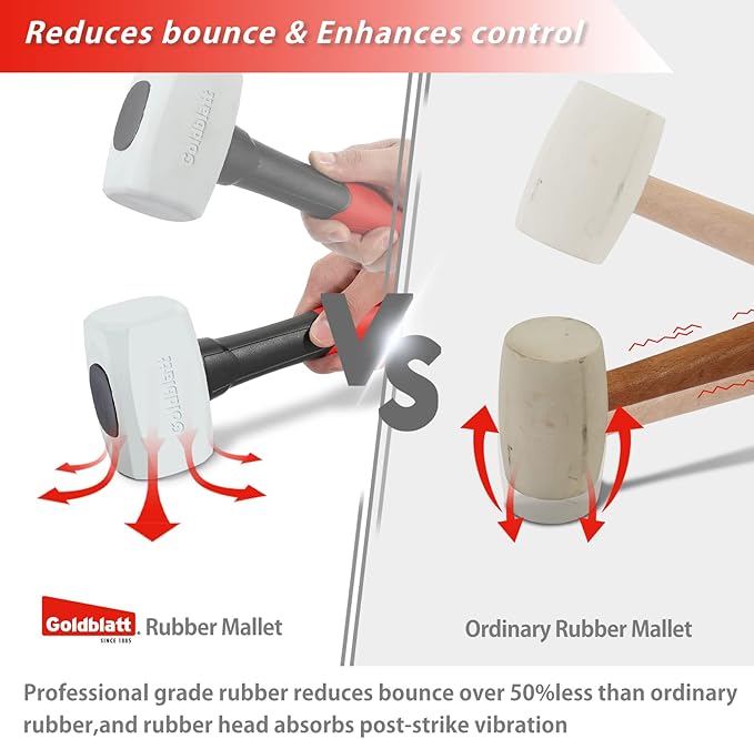 Goldblatt Rubber Mallet 16 oz. Low Recoil Rubber Hammer with Solid Head & Soft-grip Handle, Double-Faced Soft Mallets, Soft Blow Tasks, No Damage for Camping, Woodworking and Flooring | White