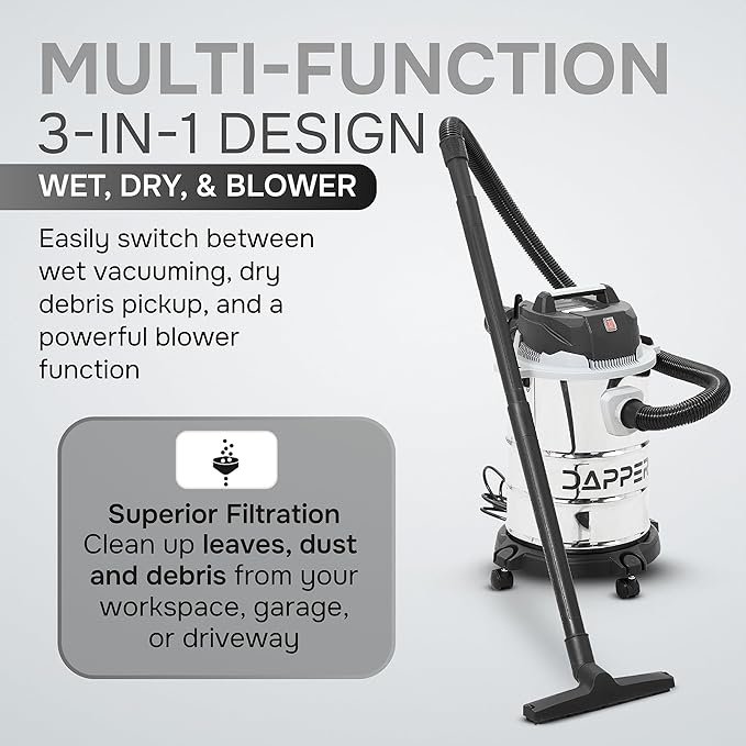 6 Gallon 3.0 Peak HP Wet/Dry Vacuum, Stainless Steel Tank, 3 in 1 Function Portable Shop Vacuum with Attachments, Ideal for Jobsite, Garage & Workshop.