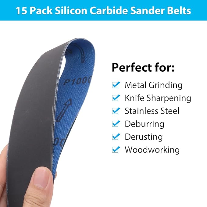15 Pack 1-1/2 x 30 Inch Sanding Belts, Extra Fine Grit Silicon Carbide Sanding Belt, 5 Pcs Each of 600, 800, 1000 Grits Sander Belt for Knife Sharpening Woodworking