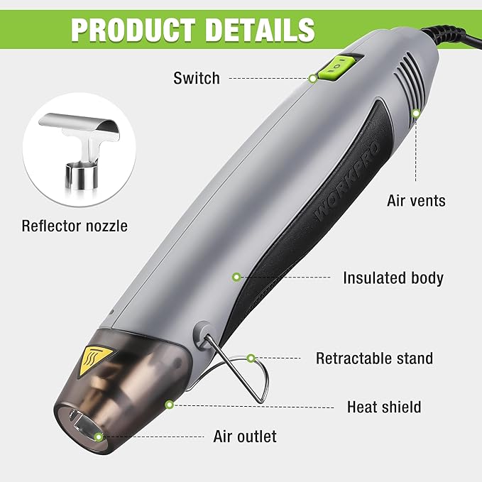 WORKPRO Heat Gun, 400W Mini Hot Air Gun with Reflector Nozzle, 2 Temp Settings 482℉(250℃)/842℉(450℃) and 5.9ft Long Cable Overload Protection for Craft Embossing, Shrink Wrapping PVC, Drying Paint