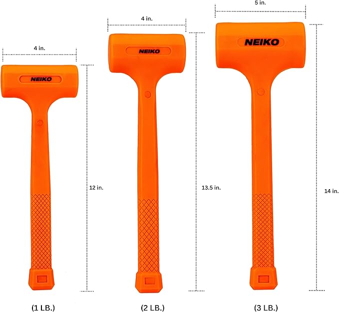 NEIKO 02888A Dead Blow Hammer Set, 3pc Neon Orange Deadblow Mallet, 1lb, 2lb, 3lb Hammers, Spark and Rebound Resistant, Unibody Molded, Checkered Grip