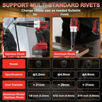 Cordless Rivet Gun for Mil-Waukee 18V Battery, Electric Rivet Tool with LED Light, 3 Size for 1/8", 5/32", 3/16" Rivets–Brushless Blind Pop Rivet Gun Tool for Aluminum & Steel Rivets (Tool Only)
