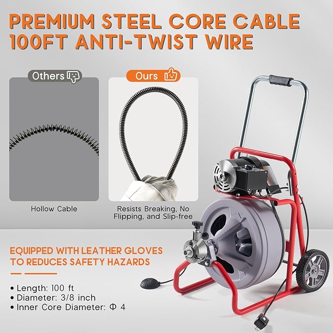 Albott 100 FT x 3/8 inch Electric Drain Cleaner Machine with Auto-Feed & 9 Cutters, Sewer Snake Auger for 1–4 Inch Pipes, Foot Switch & Wheels, Ideal for Home & Commercial Use, Grey/Red