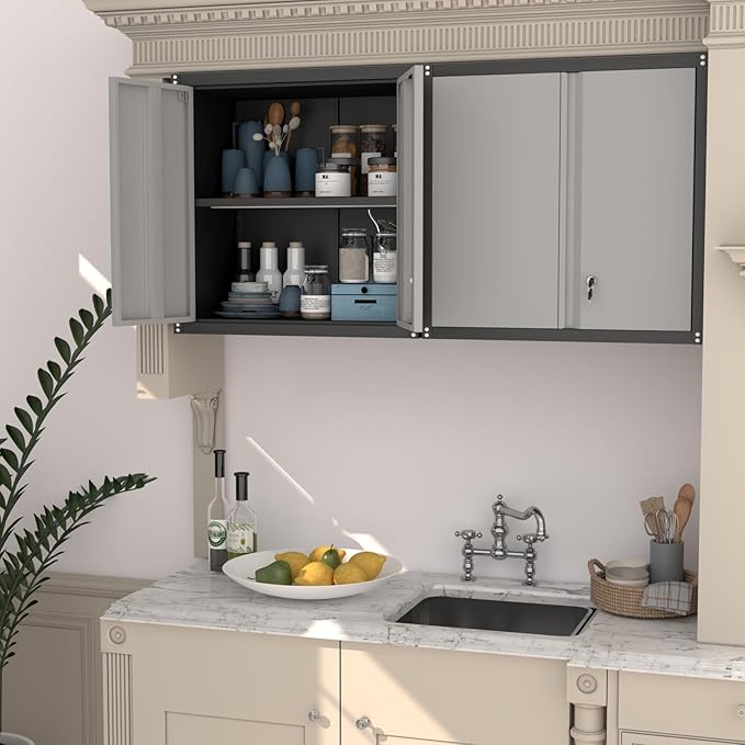 Metal Garage Wall Cabinet, Metal Wall Mounted Storage Cabinets with Lockable Doors and Adjustable Shelves, Floating Tool Cabinet for Garage, Home Office, Kitchen,BlackGrey