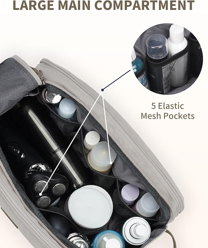 WANDF Toiletry Bag for Men Travel Toiletry Organizer Canvas and Leather Dopp Kit Water-Resistant Shaving Bag for Travel Accessories (Cream Beige, Large)