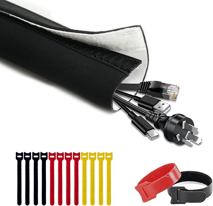 Neoprene Cable Management Sleeve 10ft (120 inch) - 1.5 inch, Velcro Cuttable Cord Organizer, Split Wire Loom Tubing Reversible Cord Protector for TV USB PC Ethernet Cable Hider Protect Pets Kids