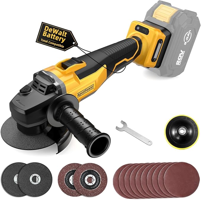 Brushless Angle Grinder, for DEWALT 20V Battery, 4-1/2" Cordless Small Angle Grinder with Auxiliary Handle, 10 Sandpapers, 2 Cutting & 2 Grinding Wheels, Pin Wrench, Lock-on Slide Switch for Polishing