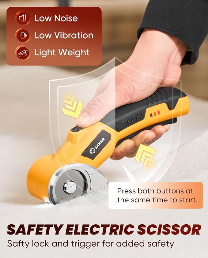 Saker Cordless Electric Scissors,Cardboard Box Cutter,4V Rechargeable Rotary Cutter with Safety Lock & LED Light,Cardboard Cutter for Cutting of Fabric, Leather, Carpet, Plastic, and More