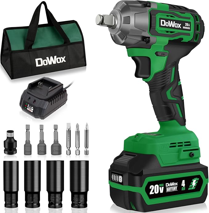Cordless Impact Wrench, 400Ft-lbs (540N.m) Max Torque, 1/2 Impact Gun w/Brushless Motor, 21V 4.0 Ah Battery, Fast Charger, 4 Sockets, Socket Adapter, Nut Bits and Tool Bag