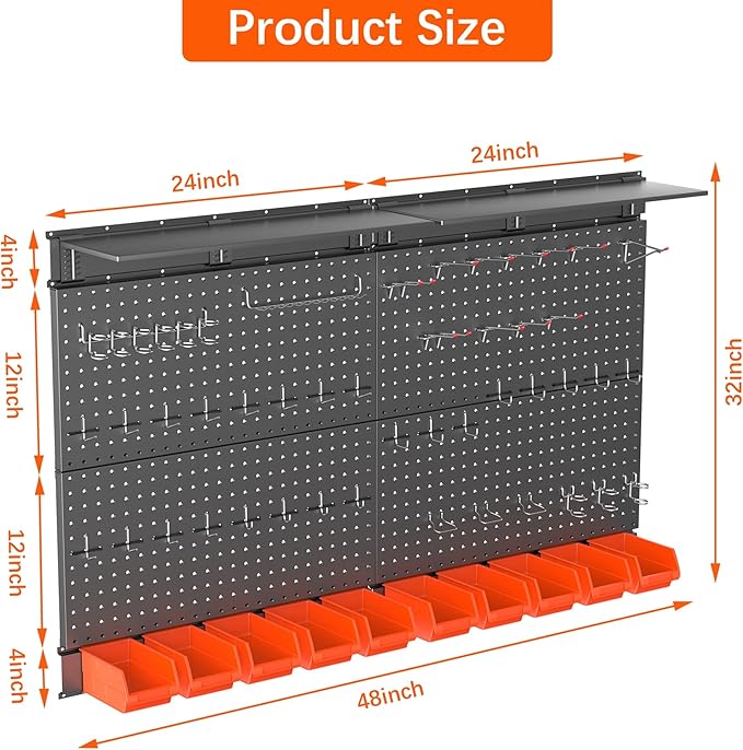 TORACK Metal Pegboard with Peg Board Hooks, Tools Storage Pegboard with Pegboard Hooks, Wall Mounted Storage Bins, Shelves, Tool Organizer Board with Pegs(Black)